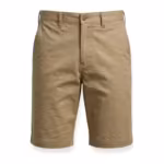 Men's bermuda shorts in khaki cotton twill, full front view with flat front, belt loops and button waistband