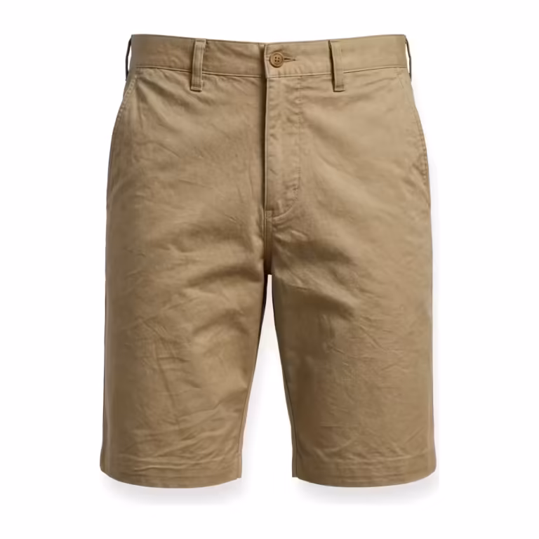 Men's bermuda shorts in khaki cotton twill, full front view with flat front, belt loops and button waistband