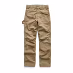 Men's heavy canvas work pants in khaki cotton duck, full front view with button fly, wide belt loops, deep slanted pockets and a hammer loop