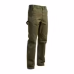 Men's canvas work pants in olive cotton duck, three-quarter ghost form angle showing the front pocket, button fly and hammer loop