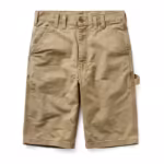 Men's heavy canvas work shorts in khaki cotton duck, full front view with button waistband, wide belt loops, deep slanted pockets and a hammer loop