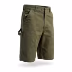 Men's canvas work shorts in olive cotton duck, three-quarter ghost form angle showing the front pocket, side tool pocket and hammer loop