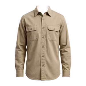 Men's canvas work shirt in khaki cotton duck canvas, full front view with point collar, button placket and two button-flap chest pockets