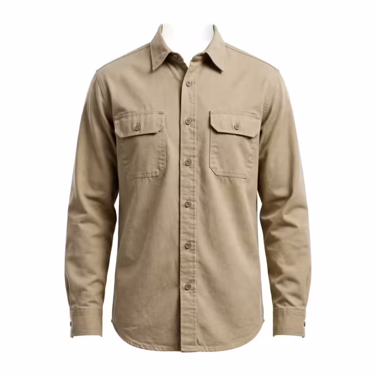 Men's canvas work shirt in khaki cotton duck canvas, full front view with point collar, button placket and two button-flap chest pockets