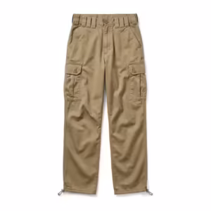 Men's cargo pants in khaki cotton twill, full front view with bellows pockets and button flaps on both thighs, slanted front pockets and drawcord hems