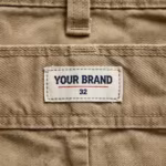 Close-up of the inside back waistband of the men's cargo pants showing the cream woven YOUR BRAND label with navy lettering, a red rule line and the size 32 mark, stitched into the waistband