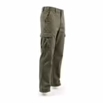 Men's cargo pants in olive cotton twill, three-quarter ghost form angle showing the bellows pocket with its pleat and button flap in profile