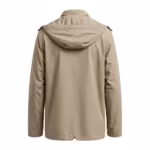 Men's casual rain jacket in stone matte coated shell, back view with hood down and back vent