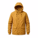 Men's casual hooded rain jacket in yellow matte coated woven shell, full front view with snap storm placket and flap pockets