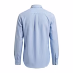 Men's casual shirt back view in light blue striped oxford with shoulder yoke, centre pleat and button cuffs