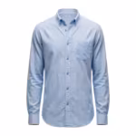 Men's casual shirt in light blue cotton oxford with fine white stripes, full front view with soft button-down collar, button placket and single chest pocket