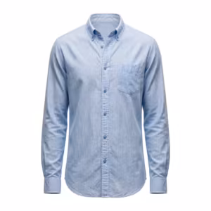 Men's casual shirt in light blue cotton oxford with fine white stripes, full front view with soft button-down collar, button placket and single chest pocket