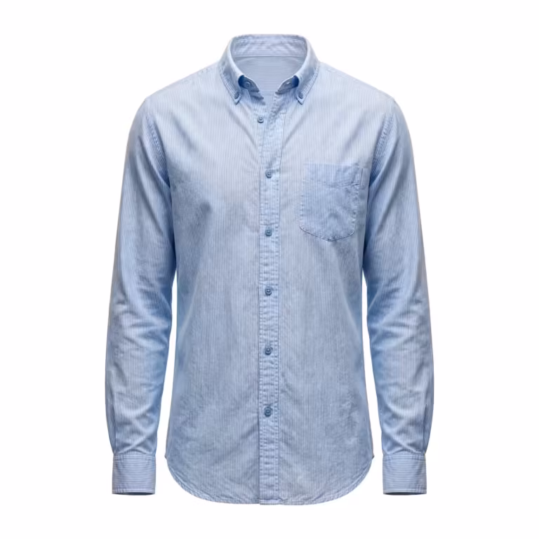 Men's casual shirt in light blue cotton oxford with fine white stripes, full front view with soft button-down collar, button placket and single chest pocket