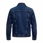 Men's denim trucker jacket back view in mid indigo wash with back yoke, panel seams and button waist adjusters