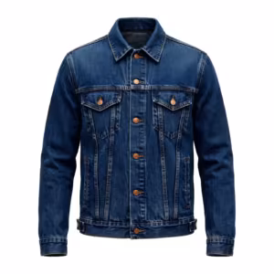 Men's denim trucker jacket in mid indigo wash, full front view with metal shank buttons, chest flap pockets and side welt pockets