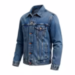 Men's denim trucker jacket in stonewash indigo, three-quarter angle showing the collar, button front and chest flap pocket
