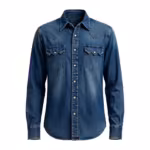 Men's western denim shirt in mid indigo wash, full front view with pearl snap buttons, western yokes and sawtooth flap pockets