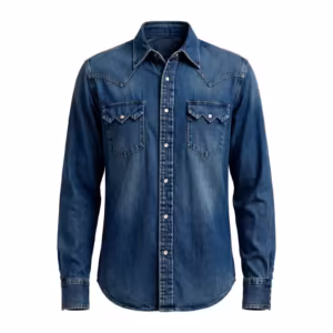 Men's western denim shirt in mid indigo wash, full front view with pearl snap buttons, western yokes and sawtooth flap pockets