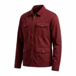 Men's casual jacket in burgundy cotton twill, three-quarter angle view with zip front, shirt collar and four flap pockets