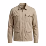 Men's casual utility jacket in stone cotton twill, full front view with zip front, shirt collar and four flap pockets