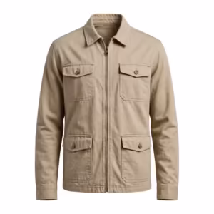 Men's casual utility jacket in stone cotton twill, full front view with zip front, shirt collar and four flap pockets