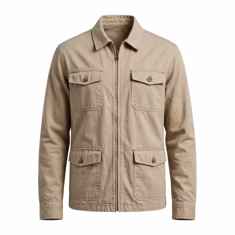 Men's casual utility jacket in stone cotton twill, full front view with zip front, shirt collar and four flap pockets