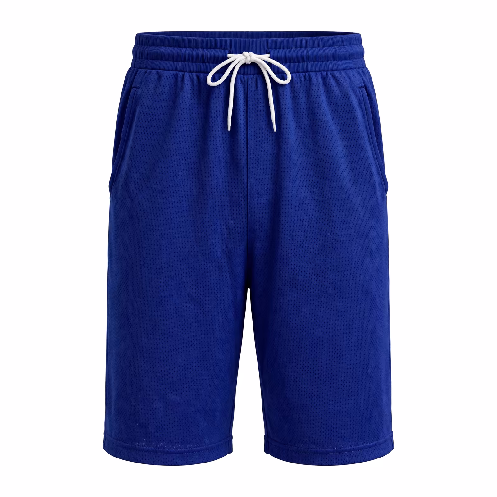 Men's mesh gym shorts in royal blue perforated athletic mesh, full front view with elastic waistband, white drawstring, side pockets and an above-knee leg