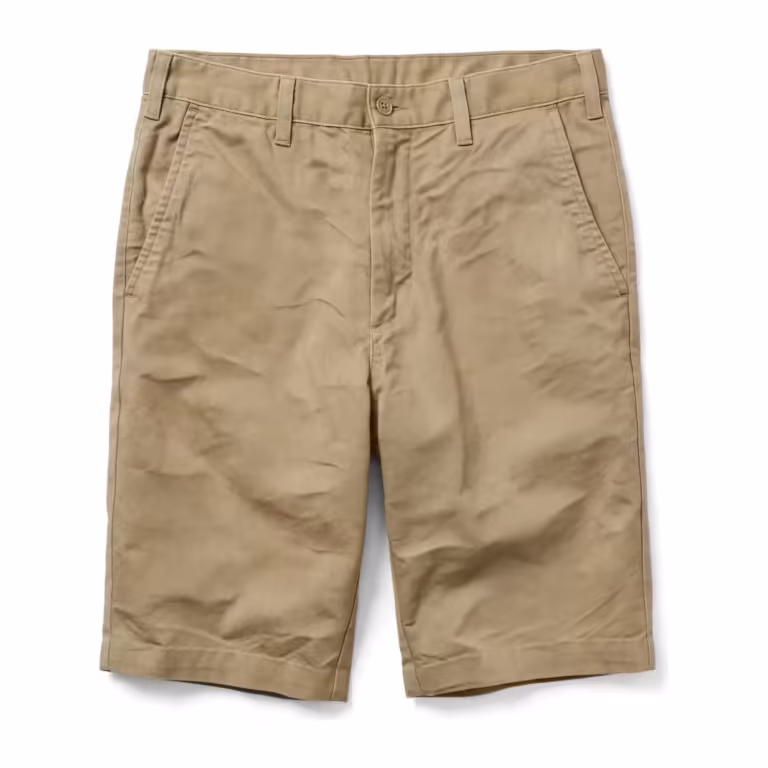 Men's casual chino shorts in khaki cotton twill, full front view with flat front, button waistband, belt loops and slanted pockets