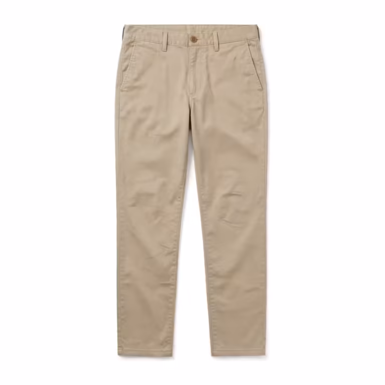 Men's slim fit chino pants in stone cotton twill, full front view with tapered leg and slanted front pockets