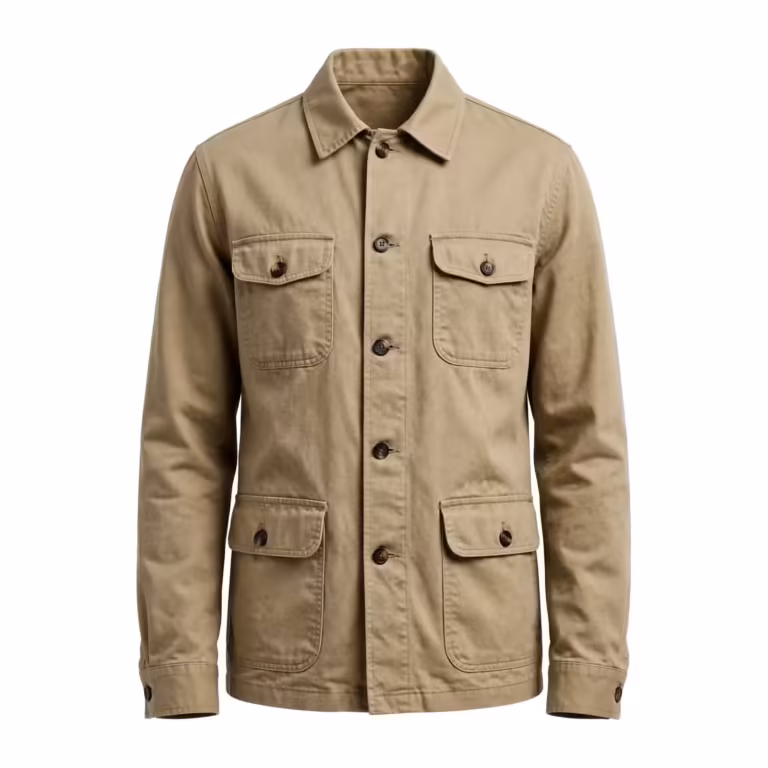 Men's twill jacket in khaki cotton twill, full front view of the chore cut with button front, flap patch pockets at the chest and waist and button cuffs