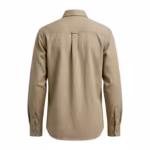 Men's cotton twill shirt back view in khaki with shoulder yoke, centre pleat, sleeve plackets and curved shirttail hem