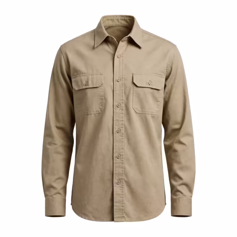 Men's cotton twill work shirt in khaki with fine diagonal weave, full front view with point collar, button placket and two button-flap chest pockets