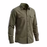 Men's cotton twill shirt in olive, three-quarter angle showing the point collar, button front and two flap chest pockets
