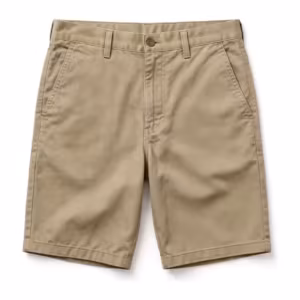 Men's twill shorts in khaki cotton twill, full front view with flat front, button waistband, belt loops and slanted pockets