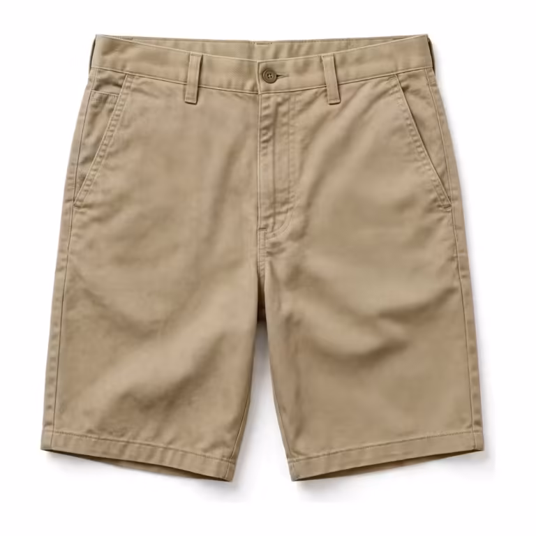Men's twill shorts in khaki cotton twill, full front view with flat front, button waistband, belt loops and slanted pockets