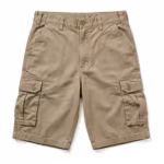 Men's work cargo shorts in khaki heavy cotton twill, full front view with button waistband, belt loops, slanted pockets and bellows cargo pockets with flaps and buttons at both sides
