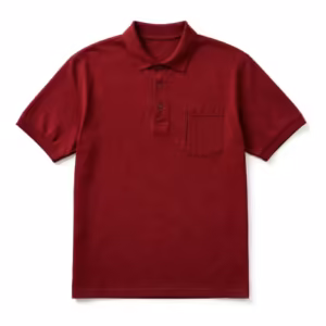 Men's work polo shirt in burgundy heavyweight cotton pique with ribbed collar, three-button reinforced placket and a chest pocket with pen slot, full front view