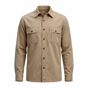 Men's work shirt in khaki cotton twill, full front view with point collar, button placket, two chest pockets with buttoned flaps and a pen slot on the left pocket