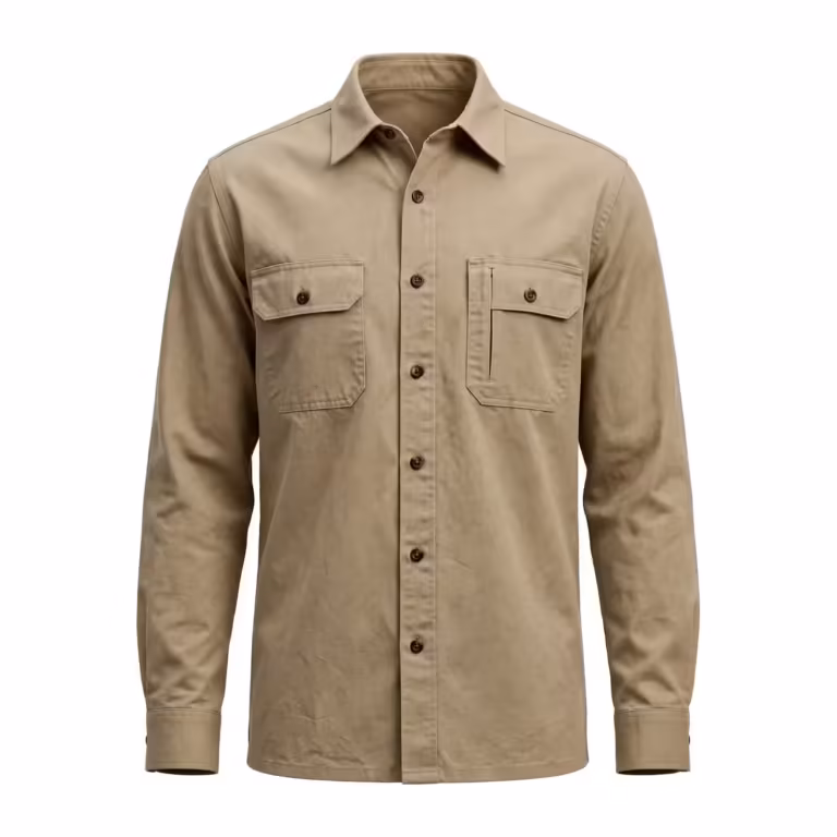 Men's work shirt in khaki cotton twill, full front view with point collar, button placket, two chest pockets with buttoned flaps and a pen slot on the left pocket