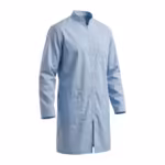 Men's light blue zipper smock lab coat in poly-cotton poplin, three-quarter angle view with full-length front zip, chest pocket and lower patch pockets