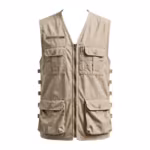 Multi pocket utility vest in stone cotton canvas, full front view with zip front, chest zip pocket, two flap chest pockets with pen slots and two large bellows pockets