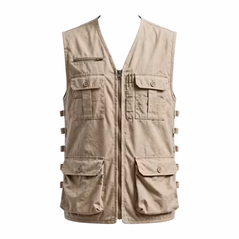 Multi pocket utility vest in stone cotton canvas, full front view with zip front, chest zip pocket, two flap chest pockets with pen slots and two large bellows pockets