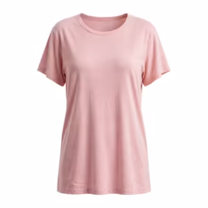 Ladies night t-shirt in soft pink cotton jersey, full front view with a longer relaxed body, a bound crew neckline and short loose sleeves