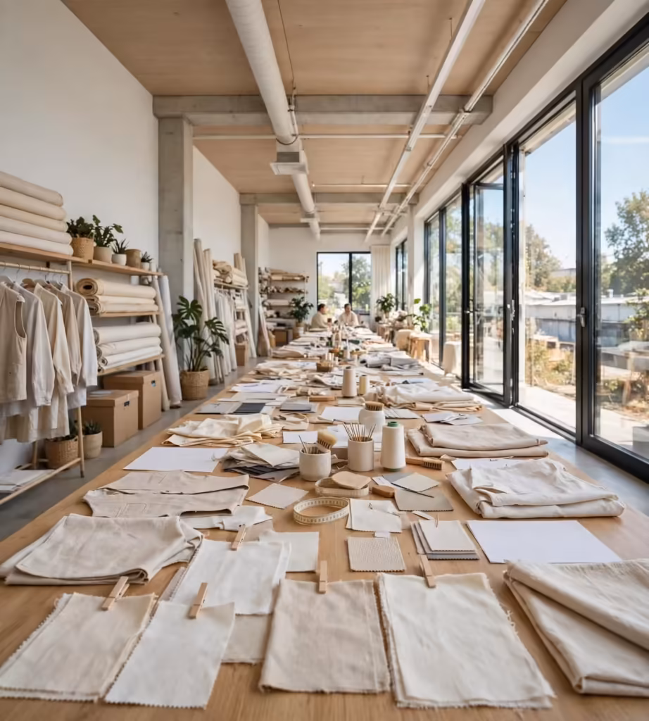 Order confirmation meeting with garment samples on the table