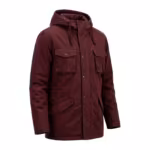 Men's hooded parka in burgundy cotton twill, three-quarter angle view with snap storm flap, two bellows chest pockets and two lower flap pockets