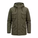 Men's hooded parka in olive cotton twill, full front view with snap storm flap, two bellows chest pockets and two lower flap pockets
