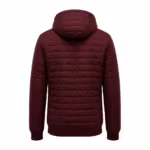 Back view of the burgundy padded jacket with the quilted hood resting down, horizontal quilt channels across the back and sleeves, ribbed hem and cuffs