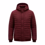 Padded jacket in burgundy quilted matte shell cloth, full front view with hood up, snap storm placket over the front zip and two side pockets
