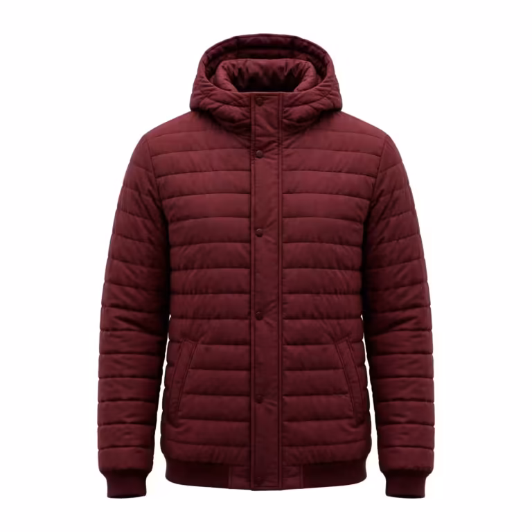 Padded jacket in burgundy quilted matte shell cloth, full front view with hood up, snap storm placket over the front zip and two side pockets