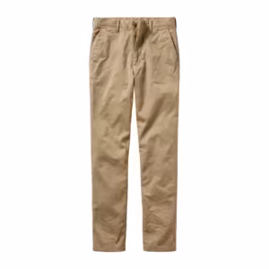 Men's flat-front chino pants in khaki cotton twill, full front view with slanted pockets, button fly and belt loops - the lead style of the pants range
